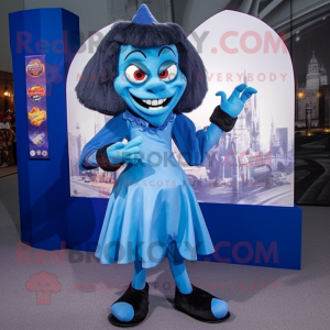 Personaje de traje de mascota de vampiro azul vestido con mini vestido y almohadillas para los pies