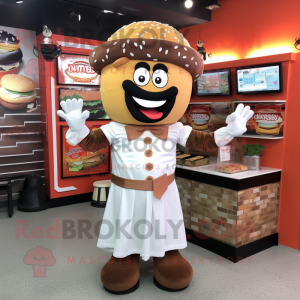 Personaje de disfraz de mascota de Brown Burgers vestido con camisa de vestir y aretes