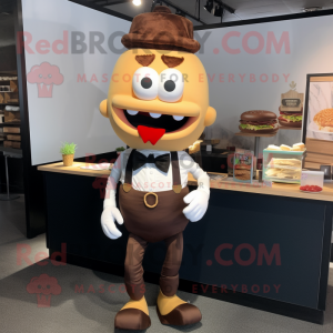 Personnage de costume de mascotte de hamburgers bruns habillé avec une chemise et des boucles d'oreilles