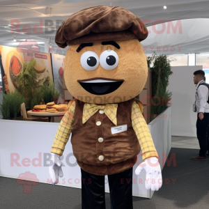 Personaggio del costume della mascotte di Brown Burgers vestito con camicia e orecchini