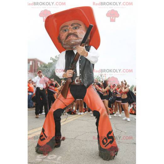 Cowboy mascot in traditional orange and black clothes -
