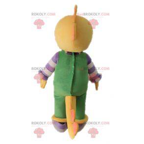 Mascote dinossauro amarelo vestido de macacão - Redbrokoly.com