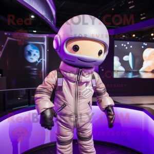 Lavender Astronaut mascot costume character dressed with Leather Jacket and Berets