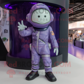 Lavender Astronaut mascot costume character dressed with Leather Jacket and Berets