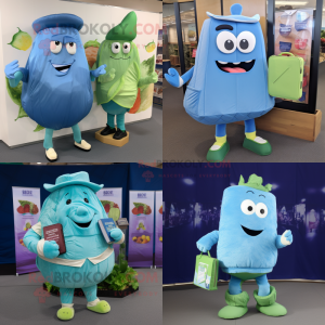 Personaje de traje de mascota Blue Corned Beef and Cabbage vestido con mono y carteras