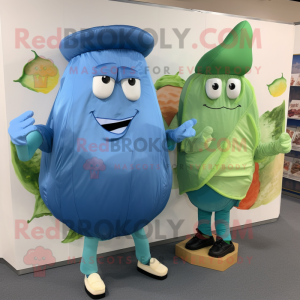 Personaje de traje de mascota Blue Corned Beef and Cabbage vestido con mono y carteras