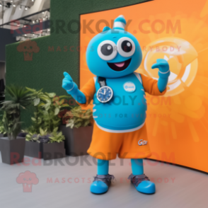Cyan Orange mascot costume character dressed with T-Shirt and Smartwatches