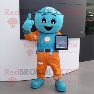 Cyan Orange mascot costume character dressed with T-Shirt and Smartwatches