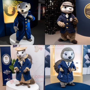 Navy Pangolin mascot costume character dressed with Coat and Pocket squares