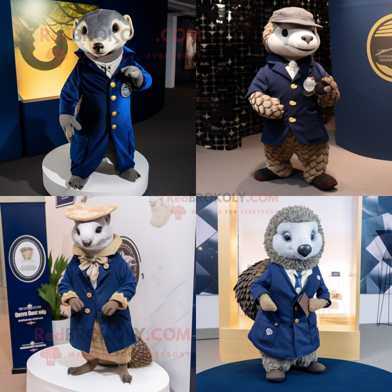 Navy Pangolin mascot costume character dressed with Coat and Pocket squares Navy Pangolin mascot costume character dressed with Coat and Pocket squares