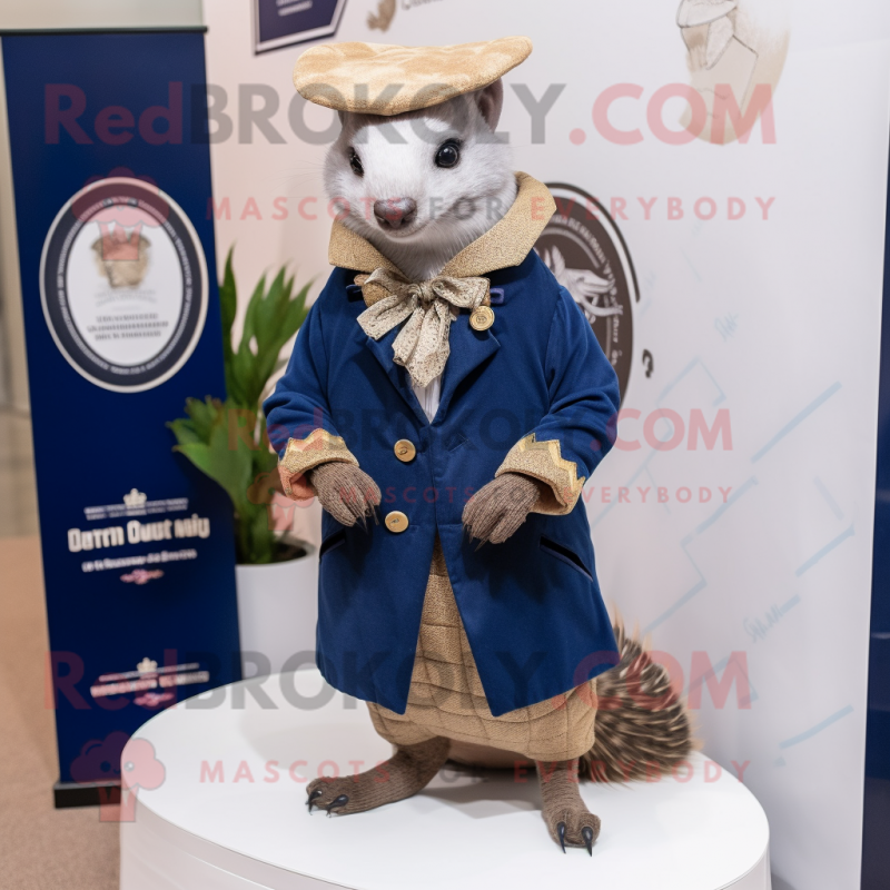 Navy Pangolin mascot costume character dressed with Coat and Pocket squares