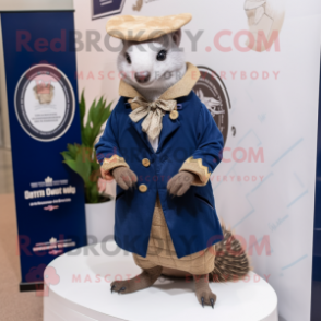 Navy Pangolin mascot costume character dressed with Coat and Pocket squares