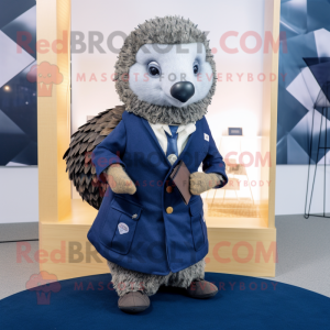 Navy Pangolin mascot costume character dressed with Coat and Pocket squares