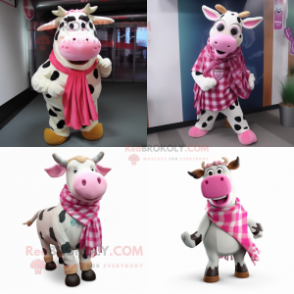 Pink Holstein cow mascot costume character dressed with Flannel Shirt and Scarves