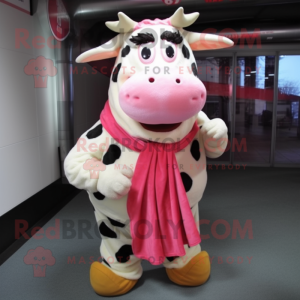 Personaggio del costume della mascotte della mucca Holstein rosa vestito con camicia di flanella e sciarpe