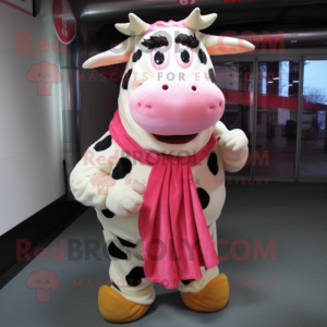 Pink Holstein cow mascot costume character dressed with Flannel Shirt and Scarves