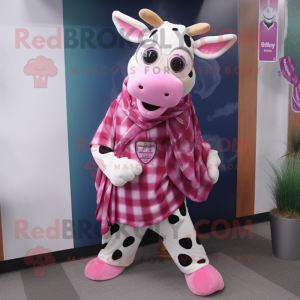 Personaggio del costume della mascotte della mucca Holstein rosa vestito con camicia di flanella e sciarpe
