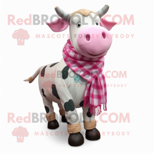 Pink Holstein cow mascot costume character dressed with Flannel Shirt and Scarves