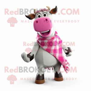 Pink Holstein cow mascot costume character dressed with Flannel Shirt and Scarves