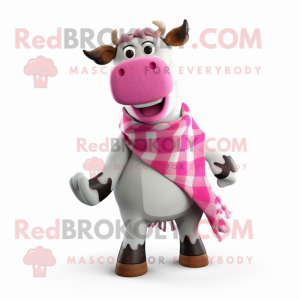 Postava maskota růžové holštýnské krávy oblečená ve flanelové košili a šátcích