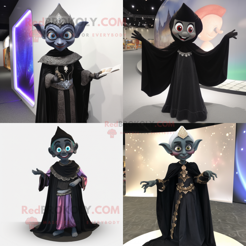 Black Elf mascot costume character dressed with Evening Gown and Shawls Black Elf mascot costume character dressed with Evening Gown and Shawls