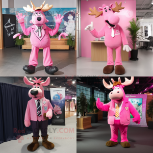 Personaje de traje de mascota Pink Moose vestido con chaqueta de traje y cordones de zapatos