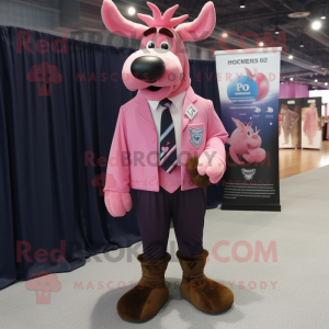 Personaje de traje de mascota Pink Moose vestido con chaqueta de traje y cordones de zapatos