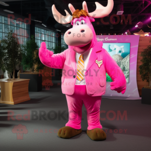Personagem de fantasia de mascote Pink Moose vestido com paletó e cadarços