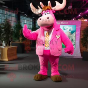 Pink Moose mascot costume character dressed with Suit Jacket and Shoe laces
