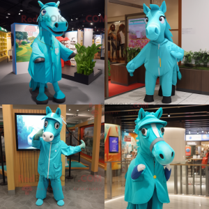 Turquoise Horse mascot costume character dressed with Raincoat and Suspenders