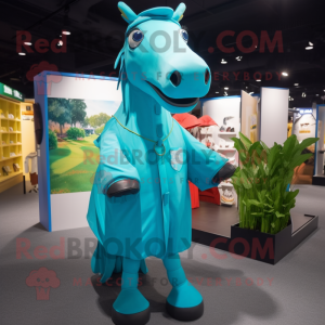 Turquoise Horse mascot costume character dressed with Raincoat and Suspenders