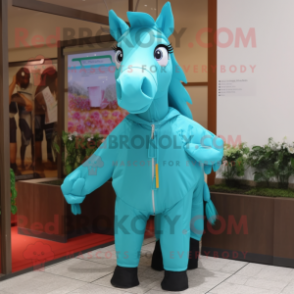 Turquoise Horse mascot costume character dressed with Raincoat and Suspenders