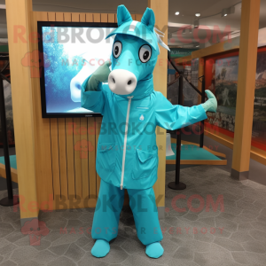 Turquoise Horse mascot costume character dressed with Raincoat and Suspenders