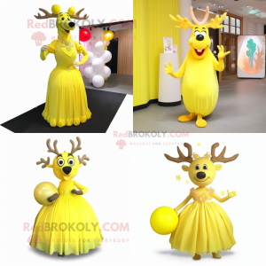 Personaggio del costume della mascotte dell alce giallo limone vestito con abito da ballo e fermacravatta