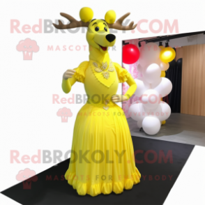 Lemon Yellow Elk mascot costume character dressed with Ball Gown and Tie pins