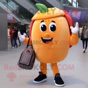 Peach Moussaka mascot costume character dressed with Skinny Jeans and Messenger bags