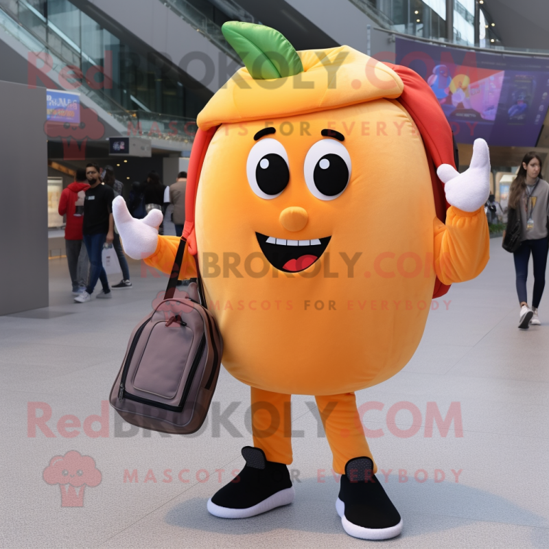 Peach Moussaka mascot costume character dressed with Skinny Jeans and Messenger bags Peach Moussaka mascot costume character dressed with Skinny Jeans and Messenger bags