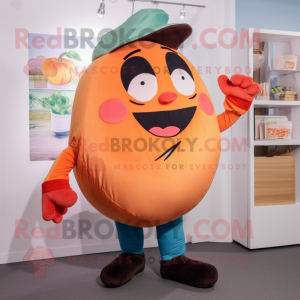 Peach Moussaka mascot costume character dressed with Skinny Jeans and Messenger bags