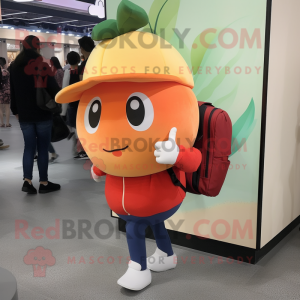 Peach Moussaka mascot costume character dressed with Skinny Jeans and Messenger bags
