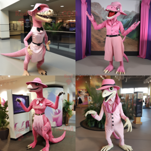 Pink Utahraptor mascot costume character dressed with Sheath Dress and Hat pins