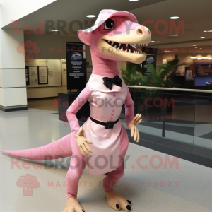 Pink Utahraptor mascot costume character dressed with Sheath Dress and Hat pins