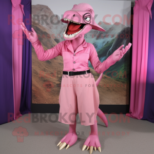 Pink Utahraptor mascot costume character dressed with Sheath Dress and Hat pins