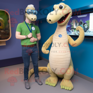 Beige loch ness monster mascot costume character dressed with Boyfriend Jeans and Smartwatches