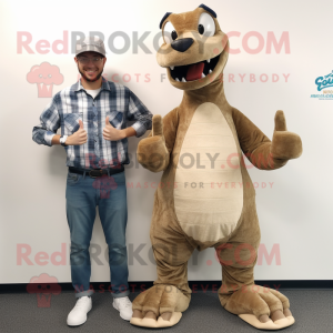 Beige loch ness monster mascot costume character dressed with Boyfriend Jeans and Smartwatches