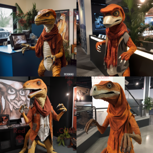 Personaggio del costume della mascotte Rust Velociraptor vestito con spille Graphic Tee e Shawl