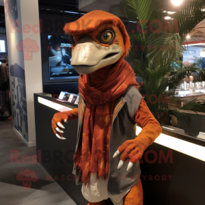 Rust Velociraptor mascot costume character dressed with Graphic Tee and Shawl pins