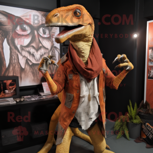 Personnage de costume de mascotte Velociraptor rouille habillé avec des épingles Graphic Tee et Shawl
