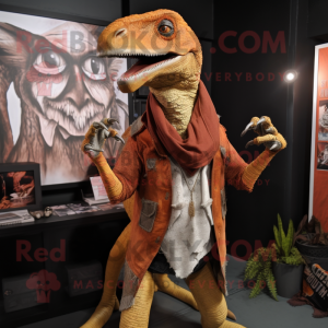 Rust Velociraptor mascot costume character dressed with Graphic Tee and Shawl pins