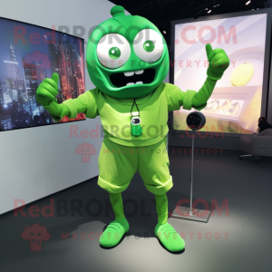 Green Cyclops mascot costume character dressed with Blouse and Smartwatches
