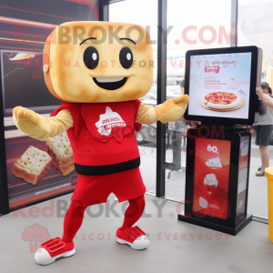 Red Grilled Cheese Sandwich mascot costume character dressed with Mini Dress and Digital watches